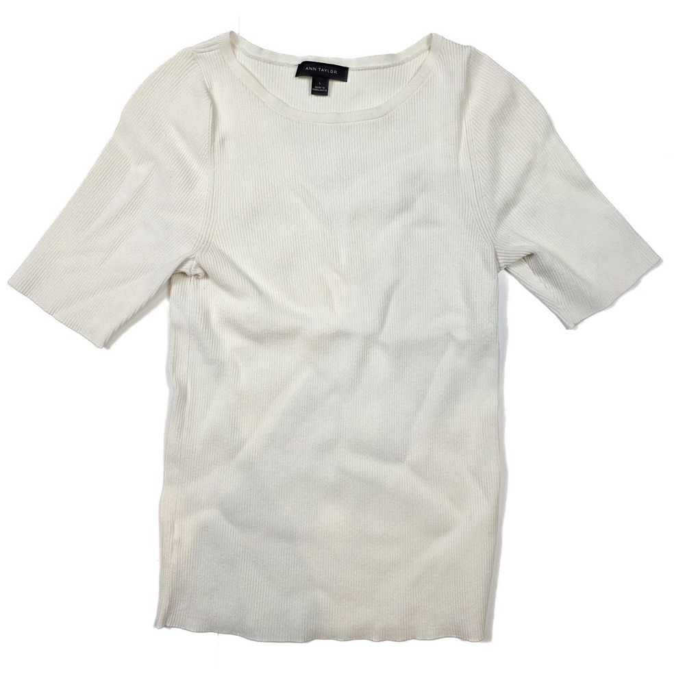 Ann Taylor Ivory Ribbed 3/4 Sleeve Round Neck Blouse‎ Women's Size Large